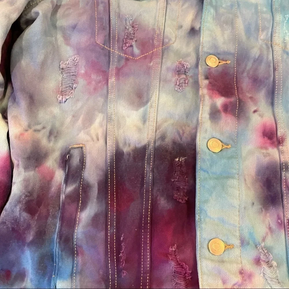 Tie dyed jean jacket distressed blue purple galaxy underwater size L - Picture 3 of 12